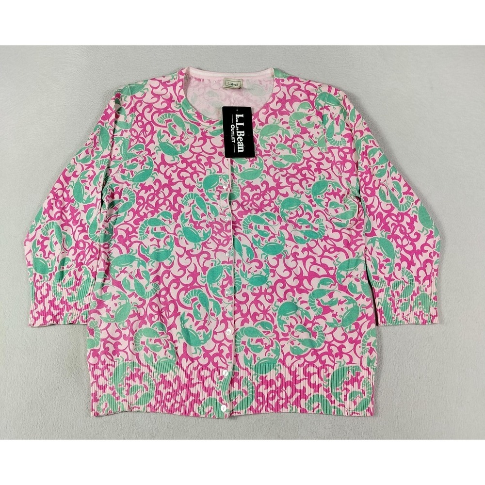 L.L. Bean Cardigan Sweater Womens XL Pink Lobster‎ Print 3/4 Sleeve Button Front